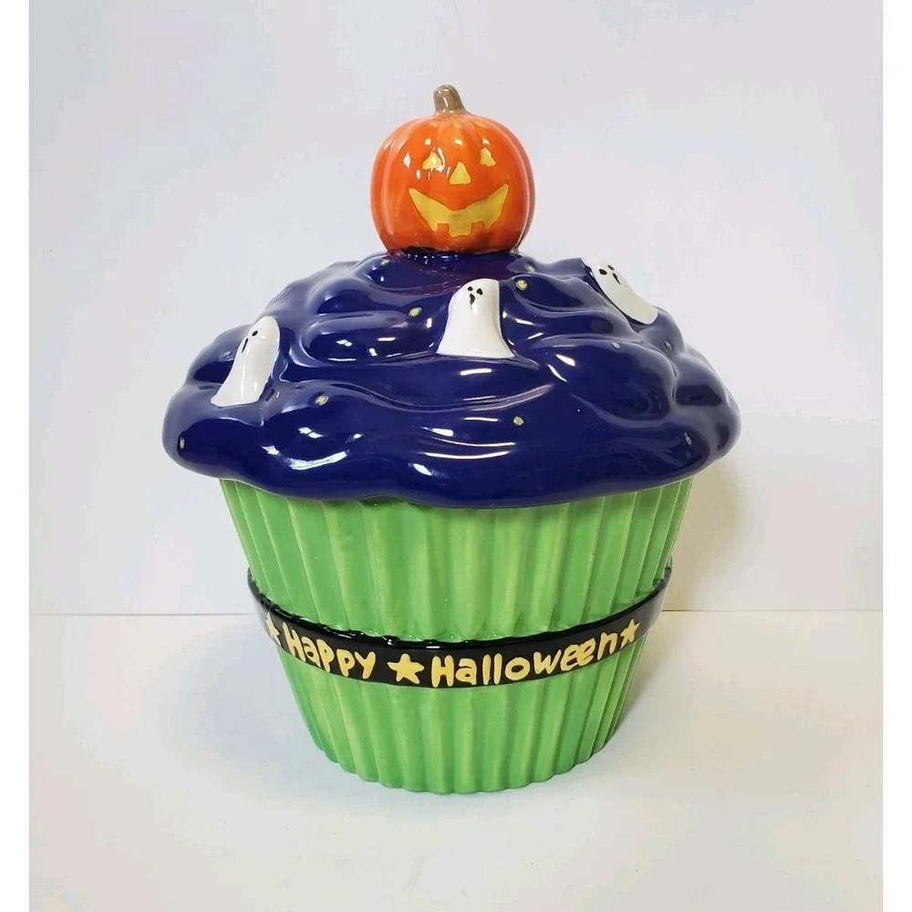 Halloween Cupcake Cookie Jar Canister Ghost Pumpkin Purple Green Candy